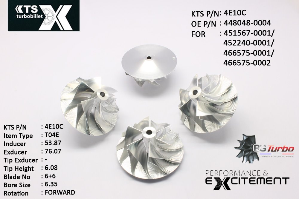 Turbo ROUE FORGÉE MFS PERFORMANCE - 6+6 PALES - INDUCER : 53,87 - EXDUCER : 76,07 - TYPE : T04EANGLE : 60° - ROTATION : Forward - SUPER BACK : 4,97 - BORE SIZE : 6,35
